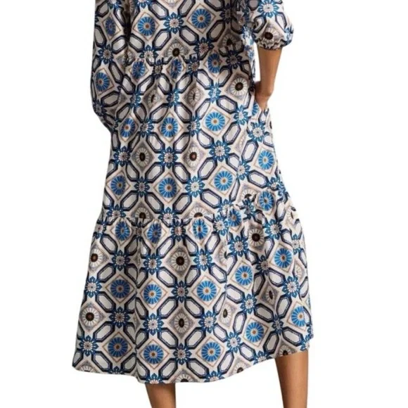 Anthropologie Geometric Blue and White Long Sleeve Dress - Picture 3 of 8